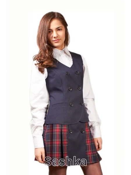 Жилет для дівчинки Sashka шкільний двубортний синій (напіввовна), розмір 152-176